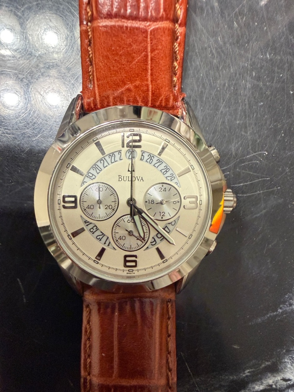 Bulova Silver Dial Chronograph Watch with Brown Leather Strap